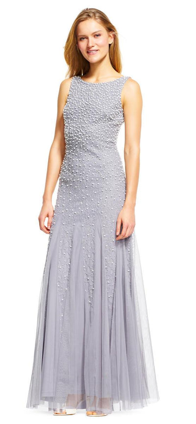 Adrianna Papell - AP1E200672 Pearl Beaded Dress with Godet Skirt in Gray