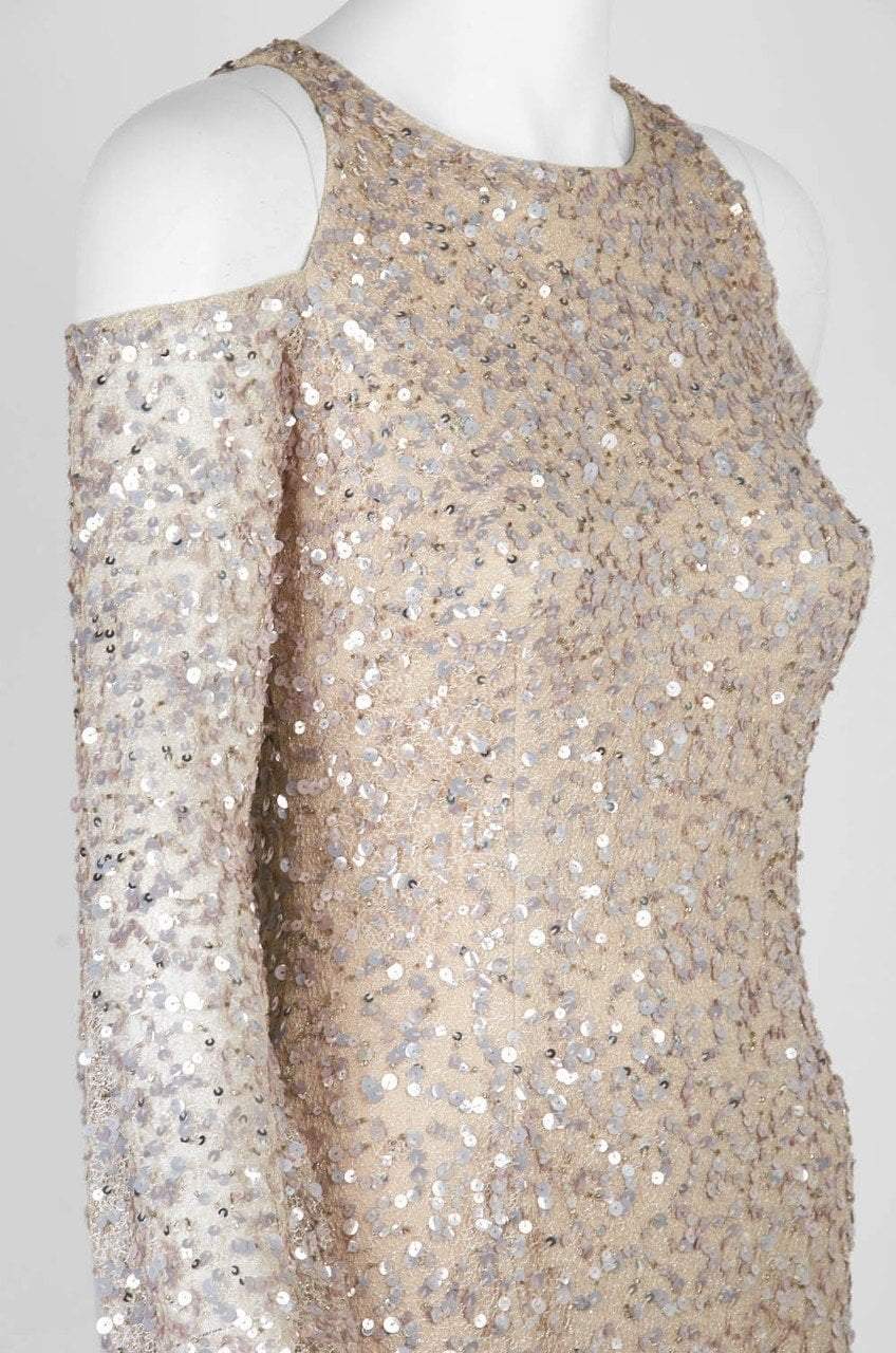 Adrianna Papell - AP1E202444 Sequined Cold Shoulder Long Sleeve Gown in Neutral and Silver