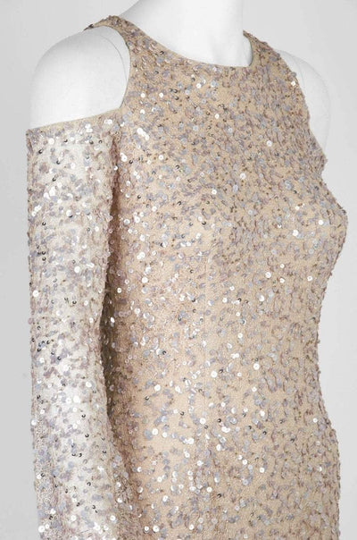 Adrianna Papell - AP1E202444 Sequined Cold Shoulder Long Sleeve Gown in Neutral and Silver