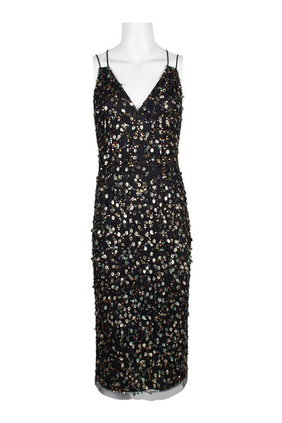 Adrianna Papell - AP1E205373 Embellished V-neck Fitted Dress In Black and Multi-Color