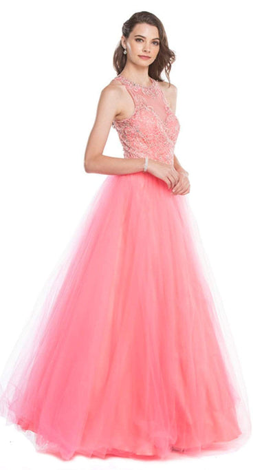 Applique Halter Neck Evening Ballgown Dress XXS / Pink