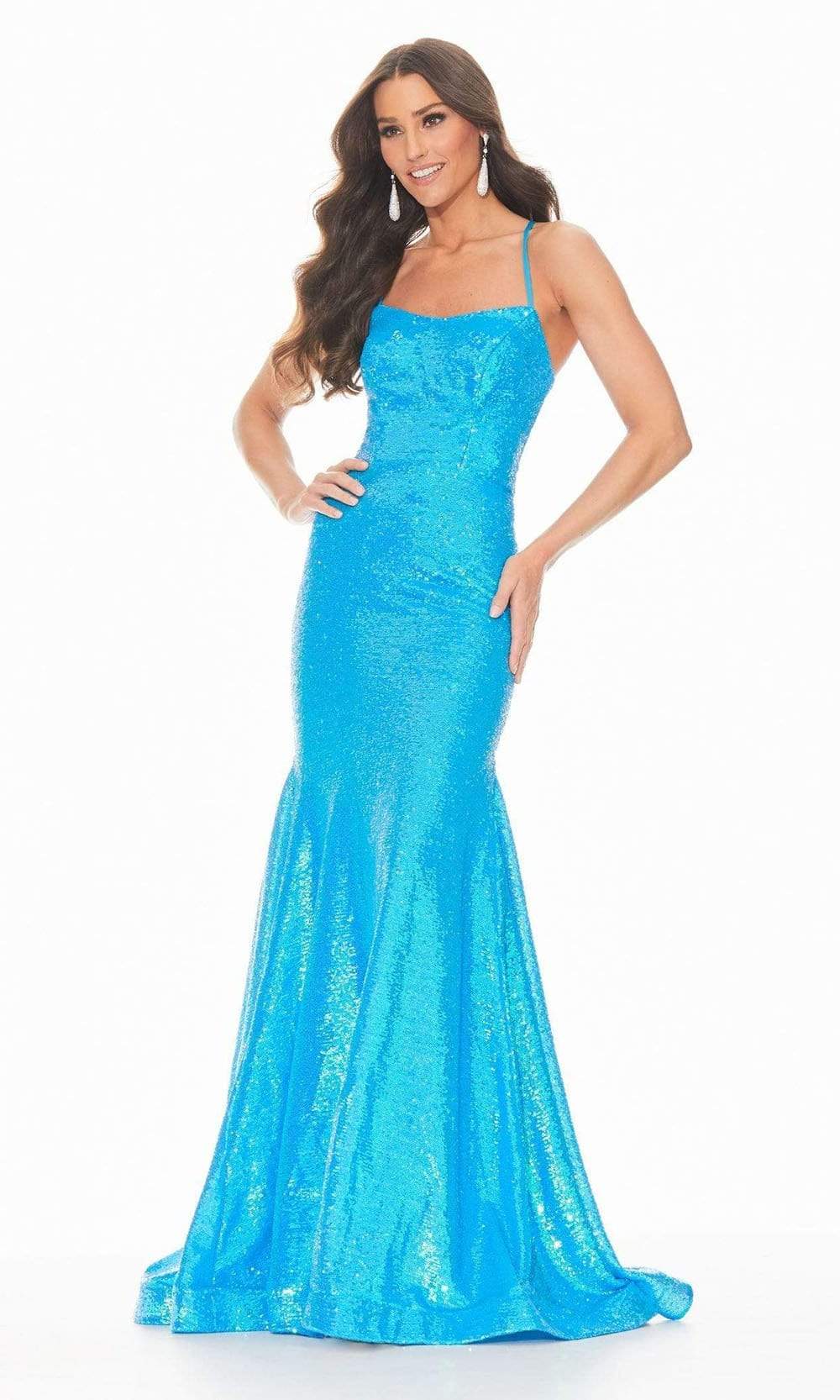 Ashley Lauren - 11024 Lace-up Back Iridescent Sequin Mermaid Gown Evening Dresses 0 / Neon Blue