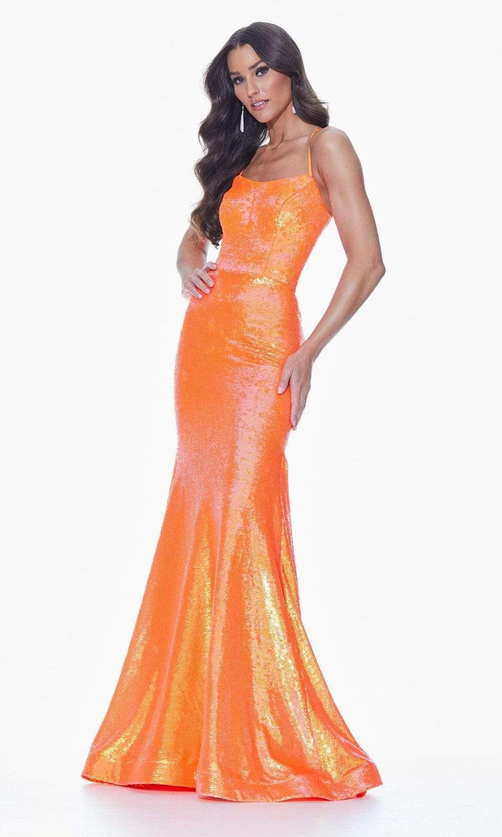 Ashley Lauren - 11024 Lace-up Back Iridescent Sequin Mermaid Gown Evening Dresses 0 / Neon Orange