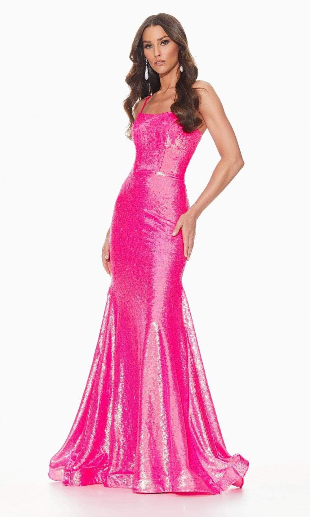 Ashley Lauren - 11024 Lace-up Back Iridescent Sequin Mermaid Gown Evening Dresses 0 / Neon Pink