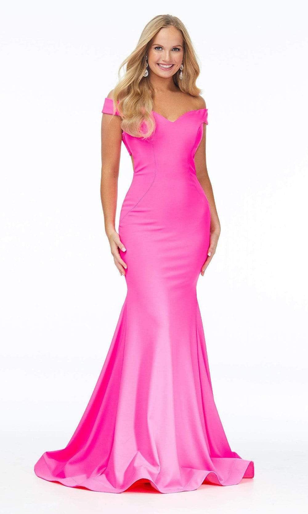 Ashley Lauren - 11025 Off Shoulder Scuba Mermaid Gown Pageant Dresses 0 / Hot Pink