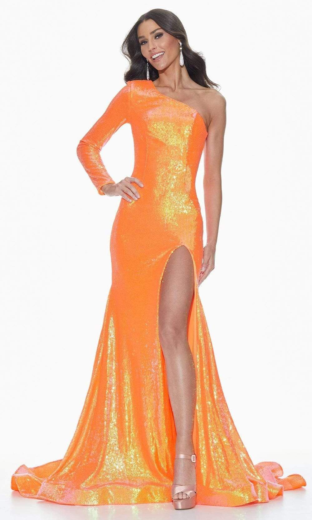Ashley Lauren - 11026 Long Sleeve Sequined High Slit Gown Pageant Dresses 0 / Neon Orange