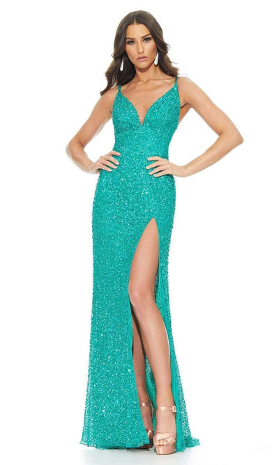 Ashley Lauren - 11037 V-Neck Lace-up Back High Slit Full Sequin Gown Evening Dresses 0 / Jade