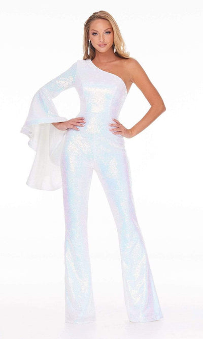 Ashley Lauren - 11047 One Shoulder Bell Sleeve Full Sequin Jumpsuit Evening Dresses 0 / Ab/Ivory