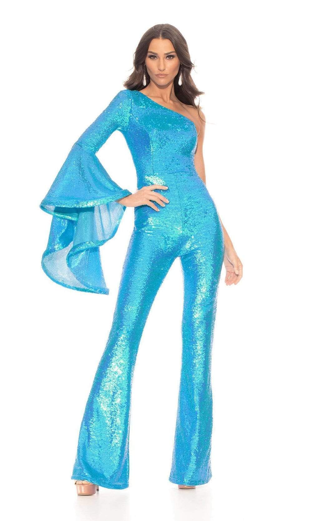 Ashley Lauren - 11047 One Shoulder Bell Sleeve Full Sequin Jumpsuit Evening Dresses 0 / Neon Blue