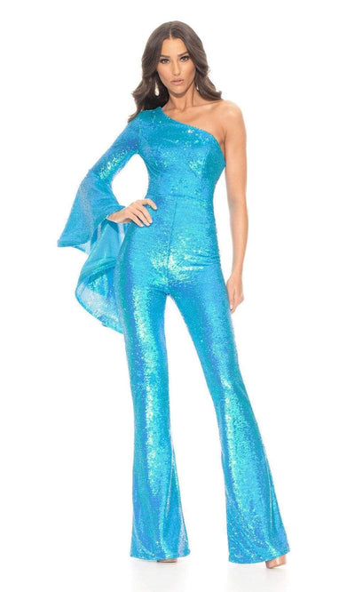 Ashley Lauren - 11047 Sequin One-Shoulder Fitted Jumpsuit - 1 pc Neon Blue In Size 4 Available CCSALE