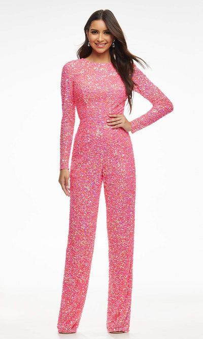 Ashley Lauren - 11079 Fully Beaded Sheer Long Sleeve Jumpsuit Evening Dresses 0 / Hot Pink
