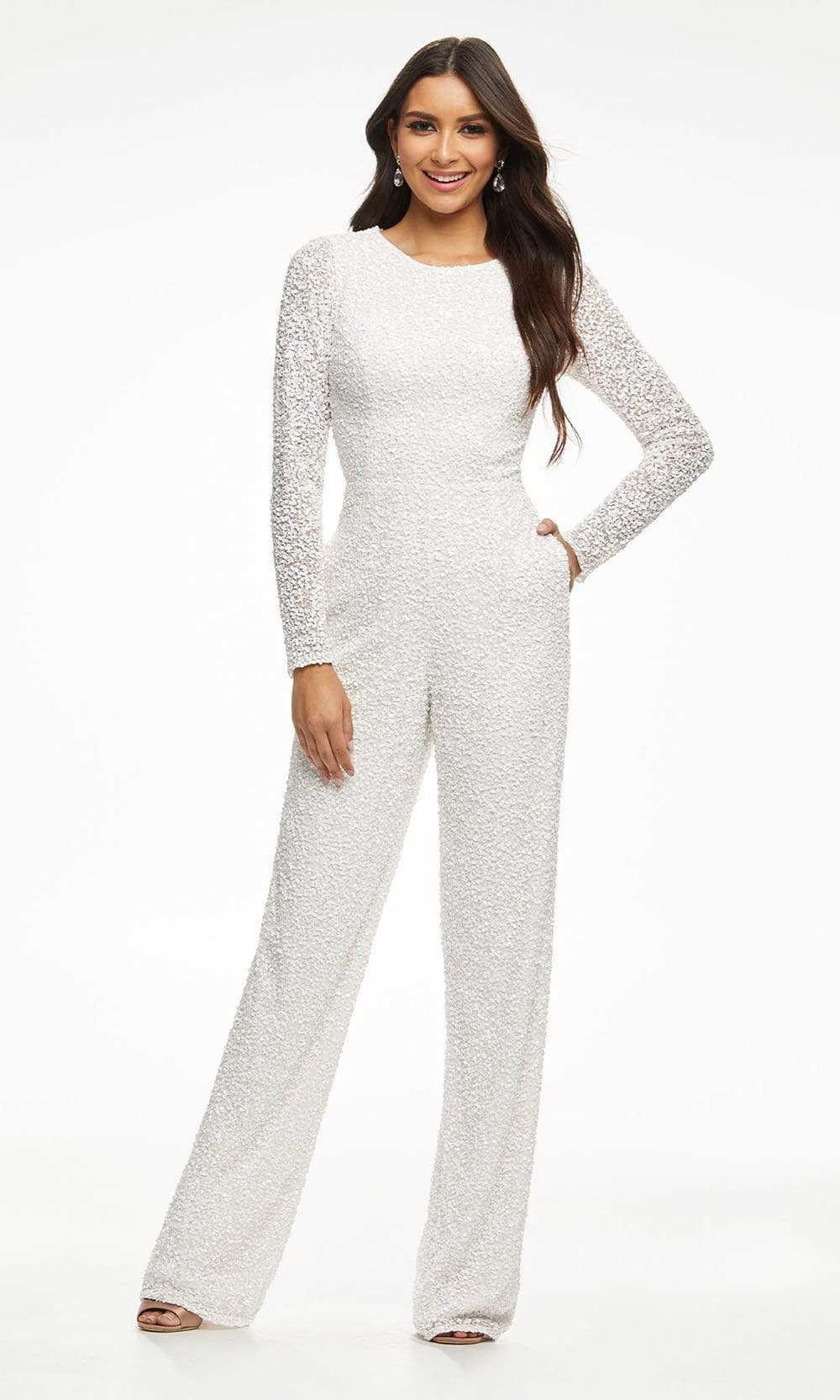 Ashley Lauren - 11079 Fully Beaded Sheer Long Sleeve Jumpsuit Evening Dresses 0 / Ivory