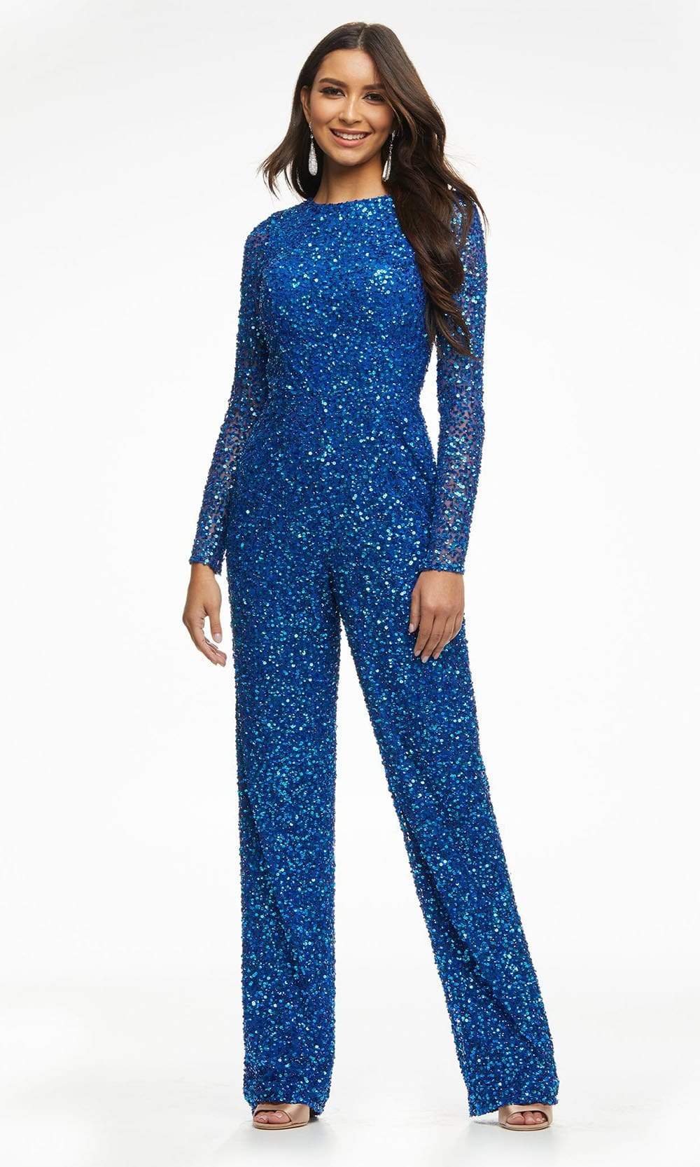 Ashley Lauren - 11079 Fully Beaded Sheer Long Sleeve Jumpsuit Evening Dresses 0 / Royal/Turquoise