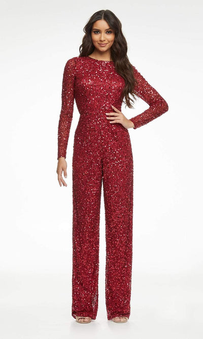 Ashley Lauren - 11079 Fully Beaded Sheer Long Sleeve Jumpsuit Evening Dresses 0 / Ruby Red