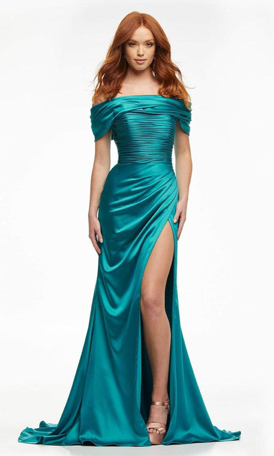 Ashley Lauren - 11092 Off Shoulder Metallic Trumpet Gown Evening Dresses 0 / Jade
