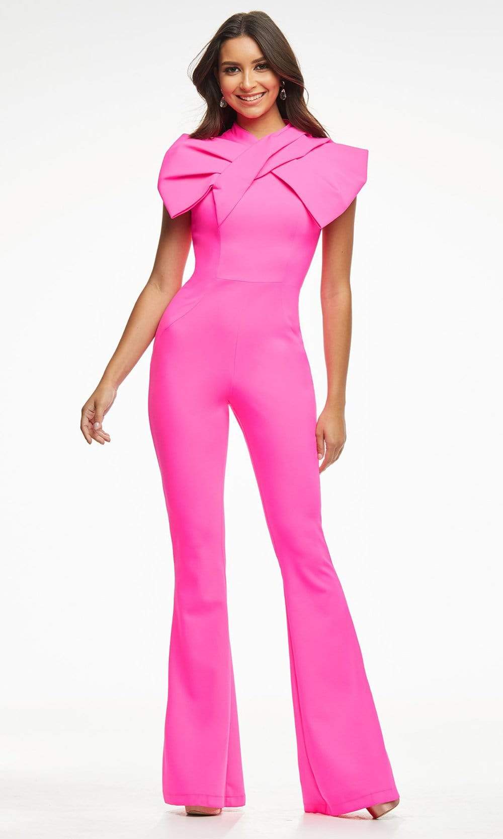 Ashley Lauren - 11098 High Neck Bow Jumpsuit Evening Dresses 0 / Hot Pink