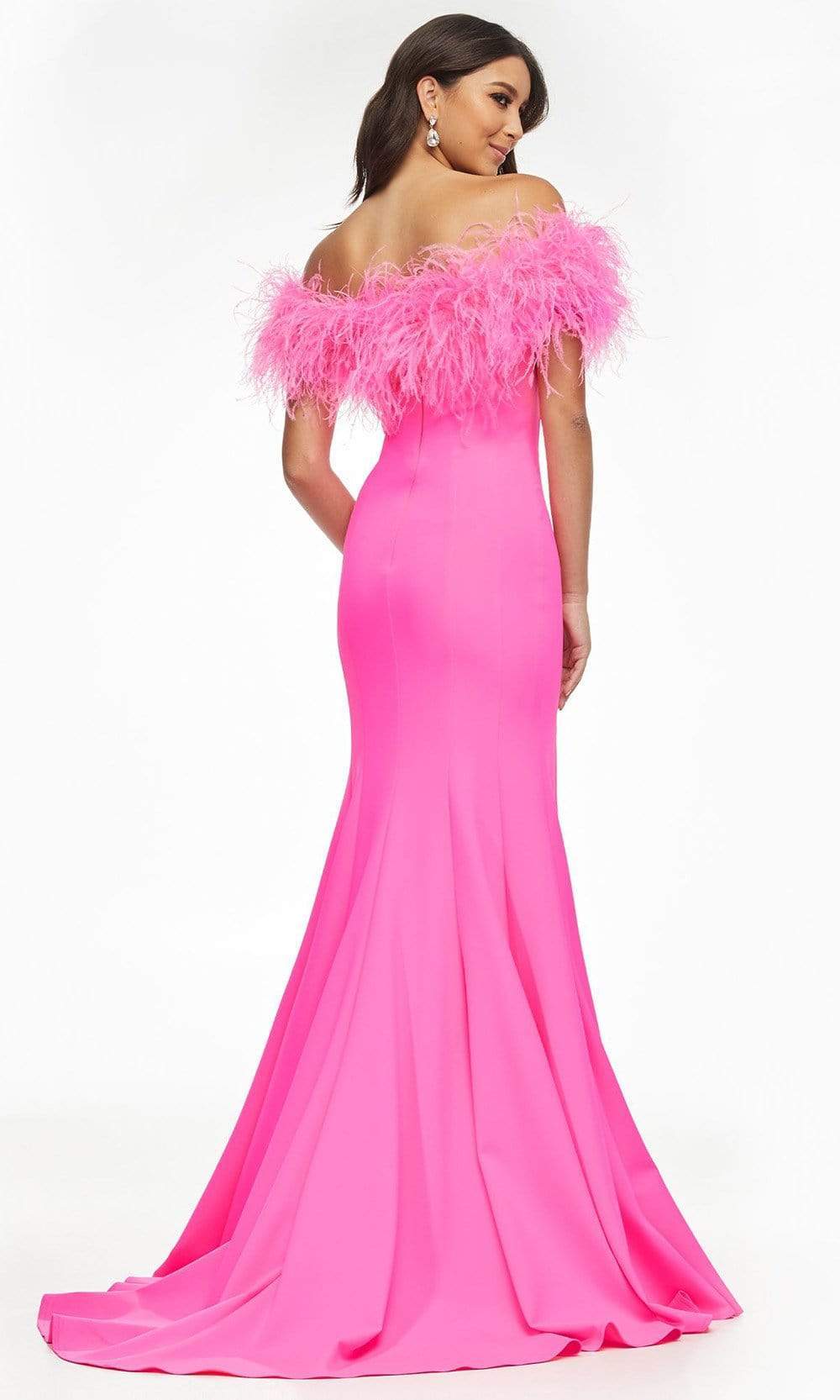Ashley Lauren - Boa-Detailed High Slit Gown 11099SC In Pink