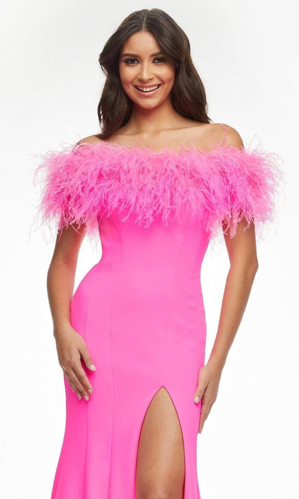 Ashley Lauren - Boa-Detailed High Slit Gown 11099SC In Pink