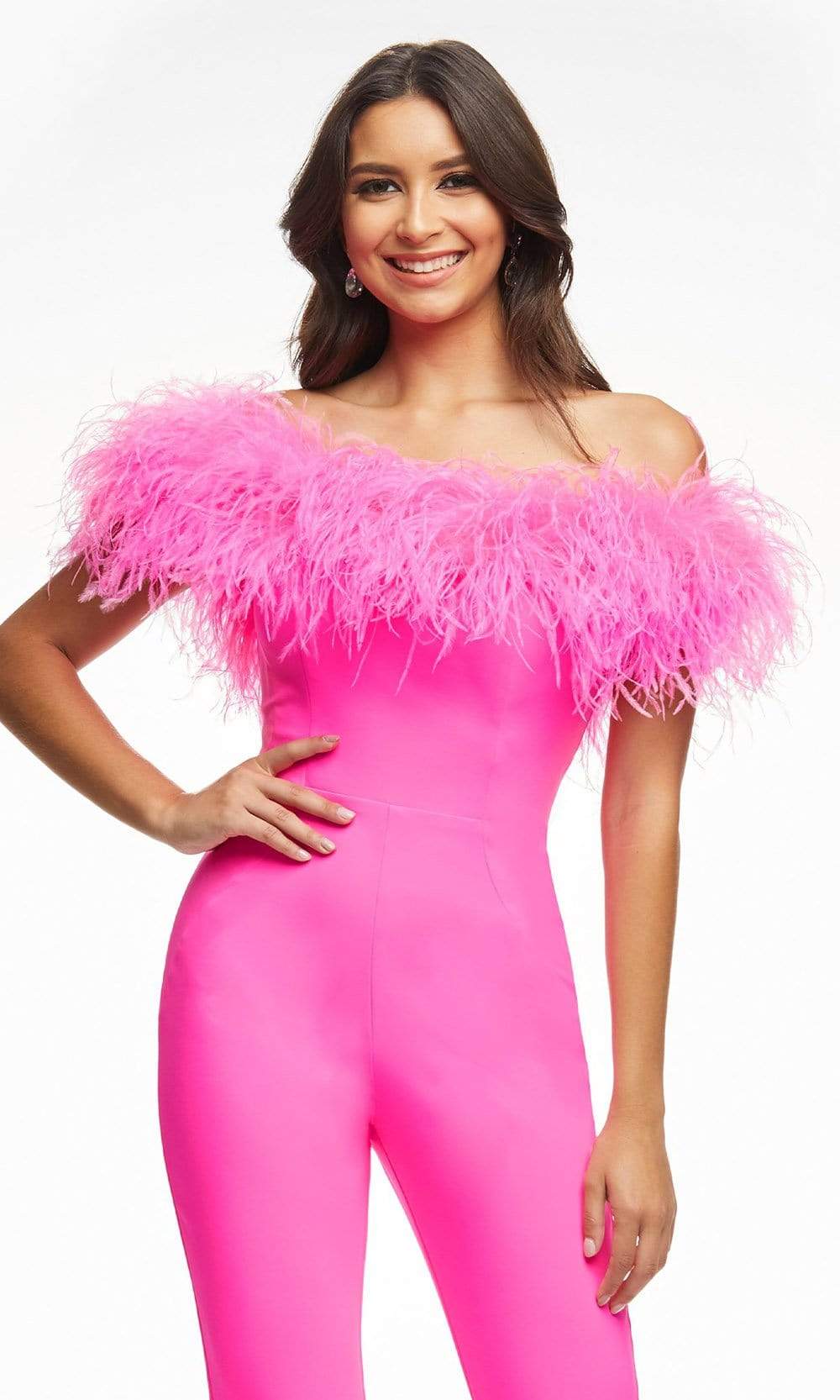 Ashley Lauren - 11100 Feather Neck Off Shoulder Jumpsuit Evening Dressses