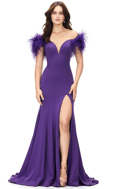 Ashley Lauren 11101 - Feathered Sleeve Mermaid Evening Gown Evening Gown 0 / Black Orchid