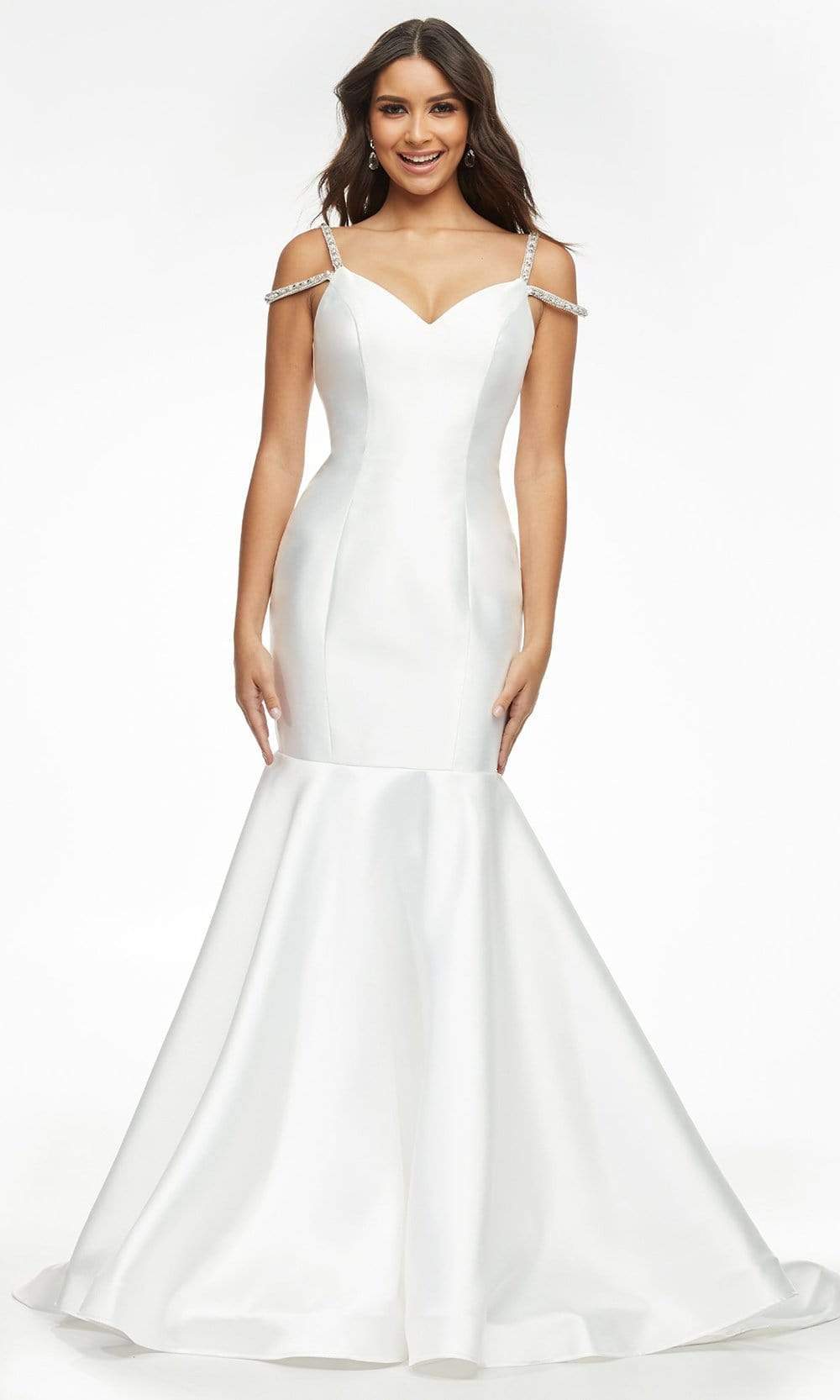Ashley Lauren - 11103 Cold Shoulder Mermaid Satin Gown Wedding Dresses 0 / Ivory