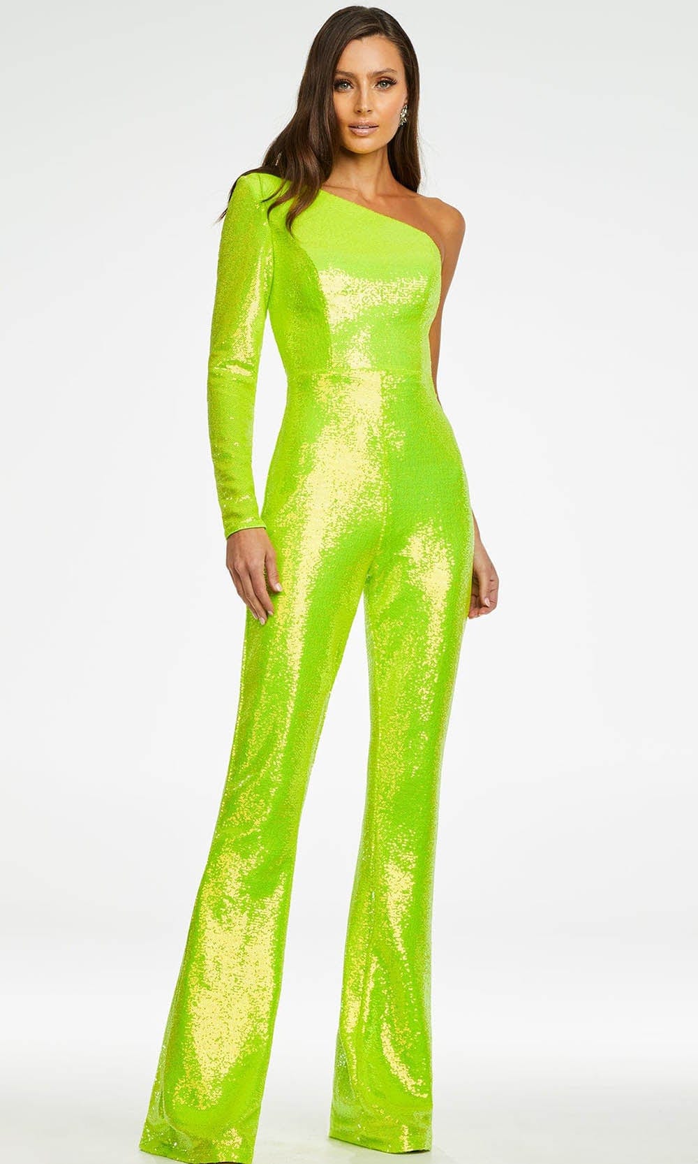 Ashley Lauren - 11110 One Shoulder Sequin Jumpsuit Evening Dresses 0 / Neon Green