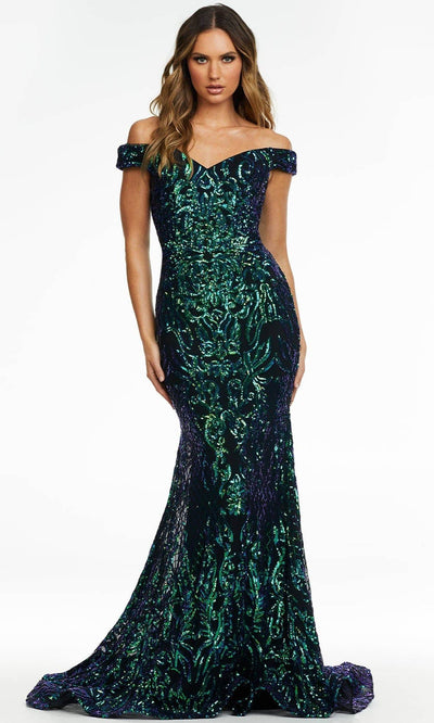 Ashley Lauren - 11112 Off Shoulder Sequin Gown Prom Dresses 0 / Black/Emerald