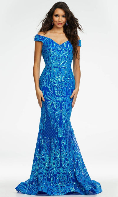 Ashley Lauren - 11112 Off Shoulder Sequin Gown Prom Dresses 0 / Royal/Turquoise