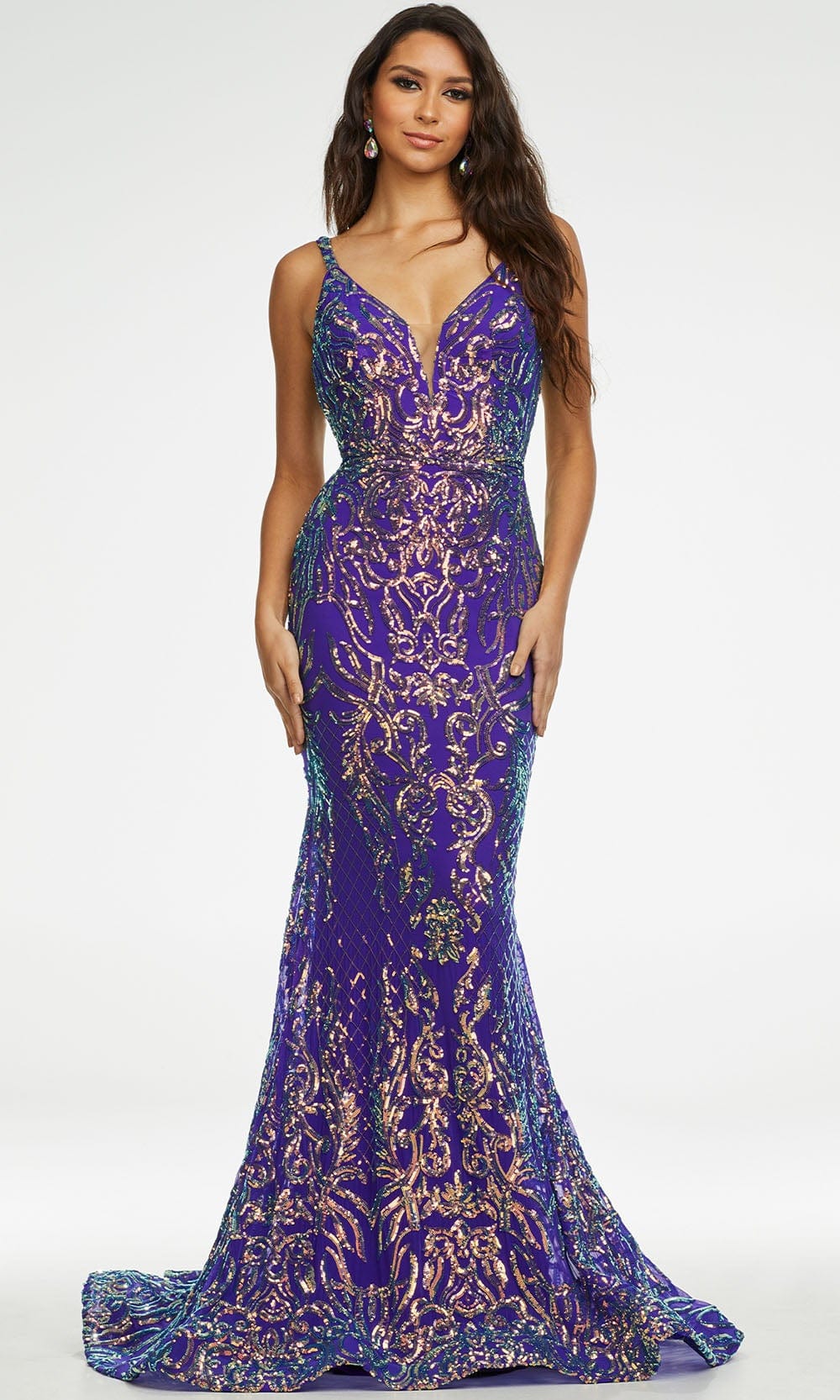 Ashley Lauren - 11113 Sequin Motif Long Gown Prom Dresses 0 / Iridescent Purple