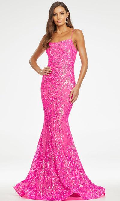 Ashley Lauren - 11114 Sequin Motif Scoop Gown Prom Dresses 0 / Hot Pink