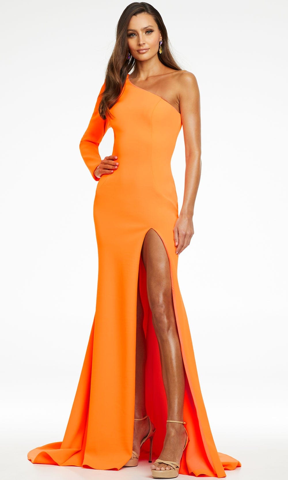 Ashley Lauren - 11117 Long Sleeve One Shoulder Gown Special Occasion Dress 0 / Neon Orange