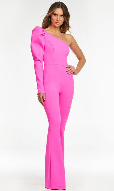 Ashley Lauren - 11120 Puff Sleeve Asymmetric Jumpsuit Evening Dresses 0 / Fuchsia