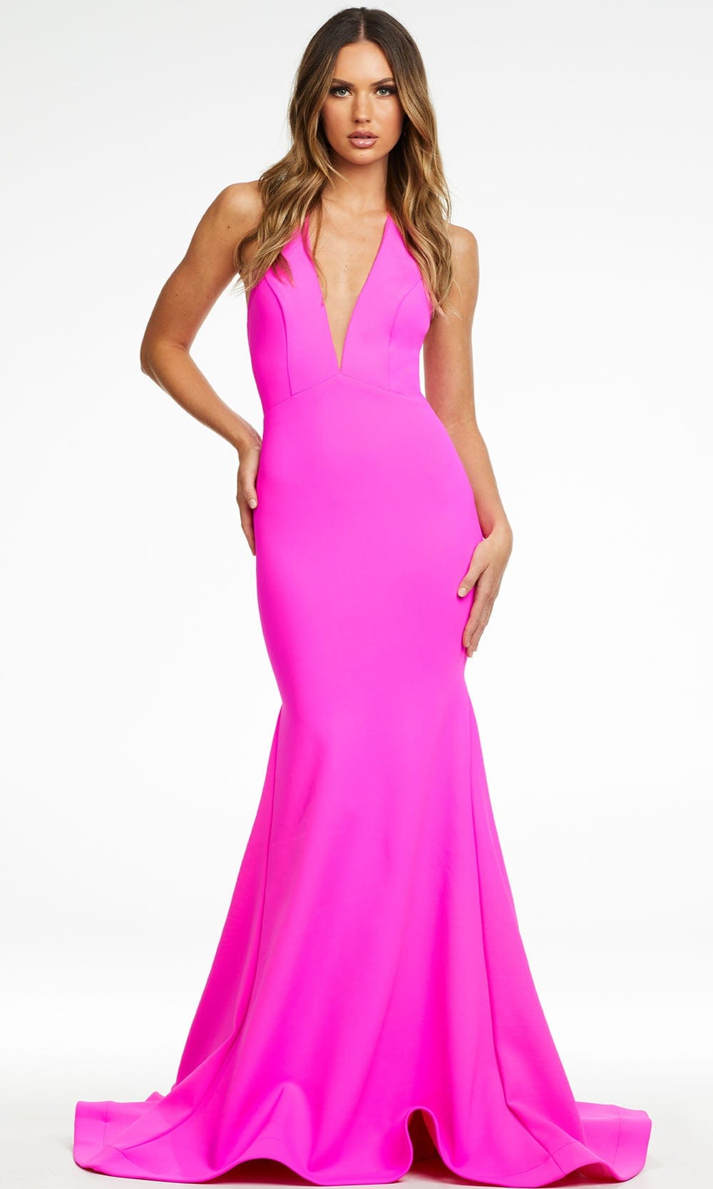 Ashley Lauren - 11121 Plunging Halter Gown Evening Dresses 0 / Fuchsia