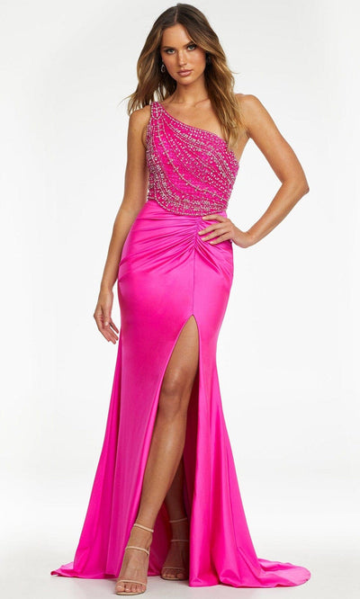 Ashley Lauren - 11128 Beaded One Shoulder Trumpet Gown Prom Dresses 0 / Hot Pink