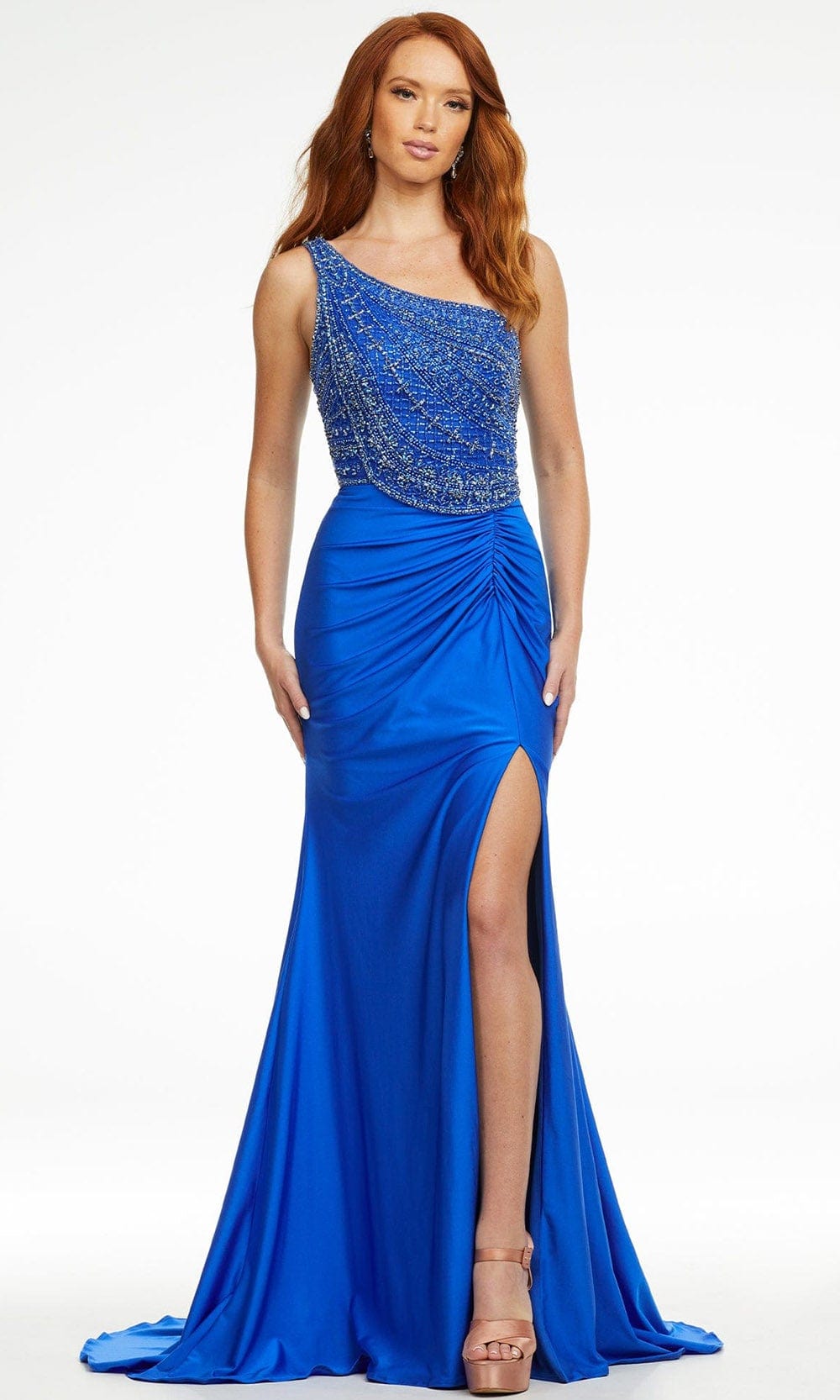 Ashley Lauren - 11128 Beaded One Shoulder Trumpet Gown Prom Dresses 0 / Royal