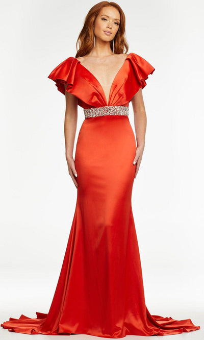 Ashley Lauren - 11130 Ruffled V-Neck Trumpet Gown Prom Dresses 0 / Red