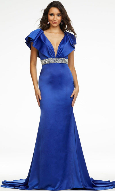 Ashley Lauren - 11130 Ruffled V-Neck Trumpet Gown Prom Dresses 0 / Royal