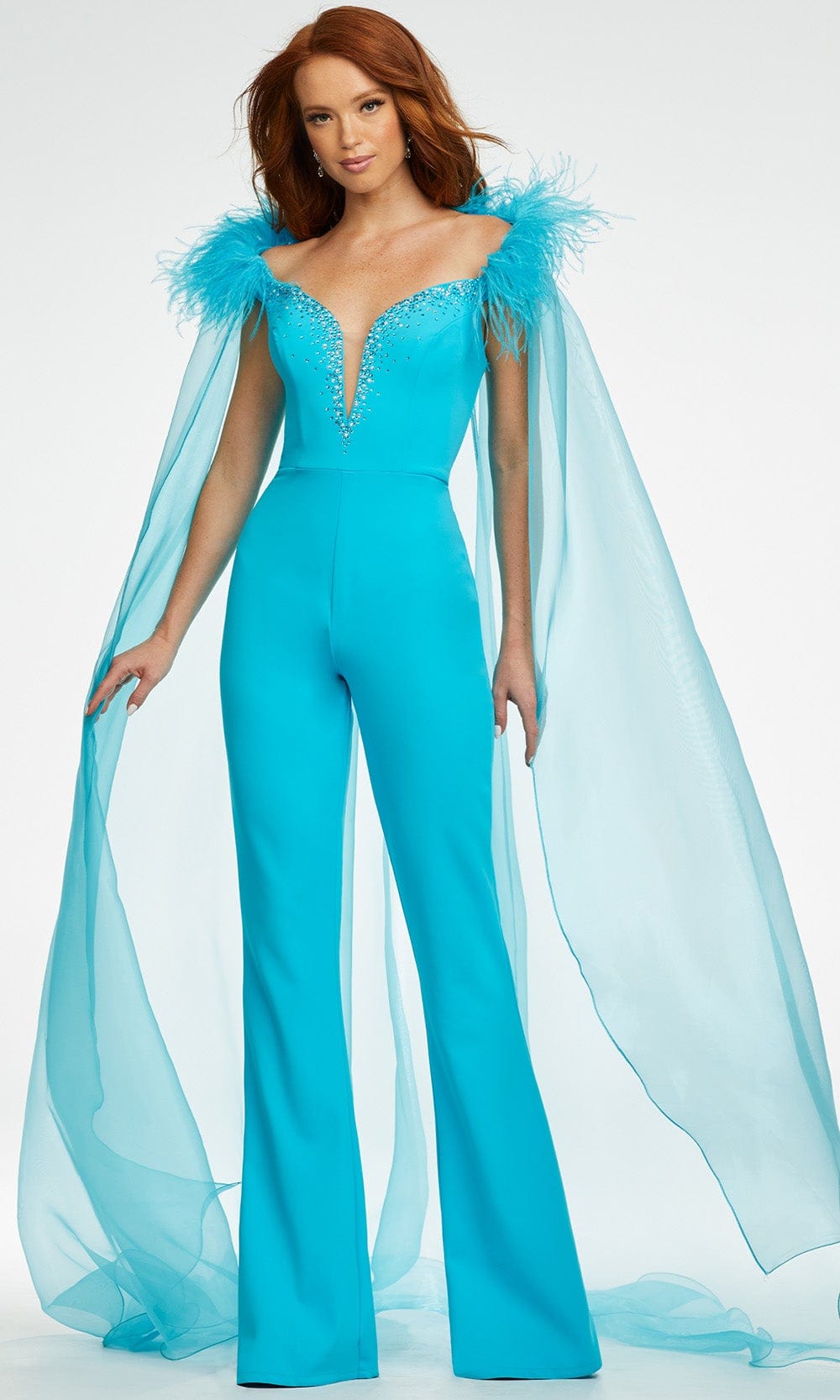 Ashley Lauren - 11139 Off Shoulder Jumpsuit With Cape In Blue