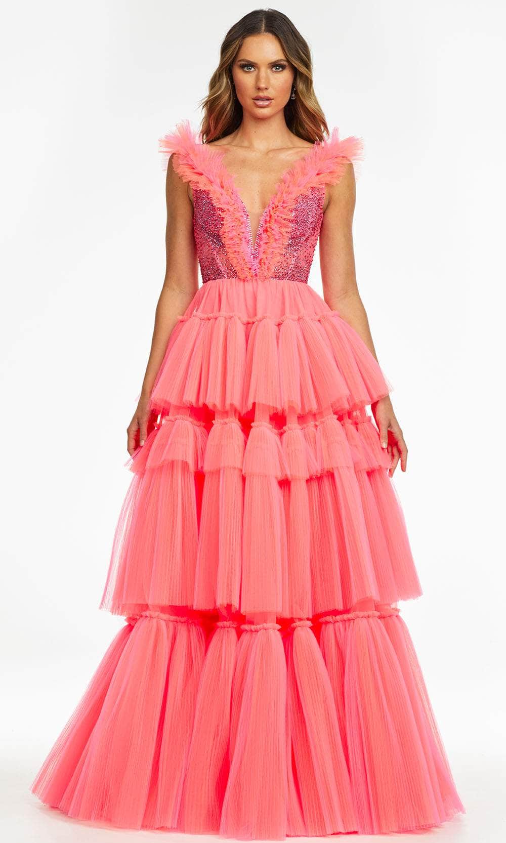 Ashley Lauren 11140 - Tiered Tulle Ballgown Special Occasion Dress 0 / Hot Pink/Orange