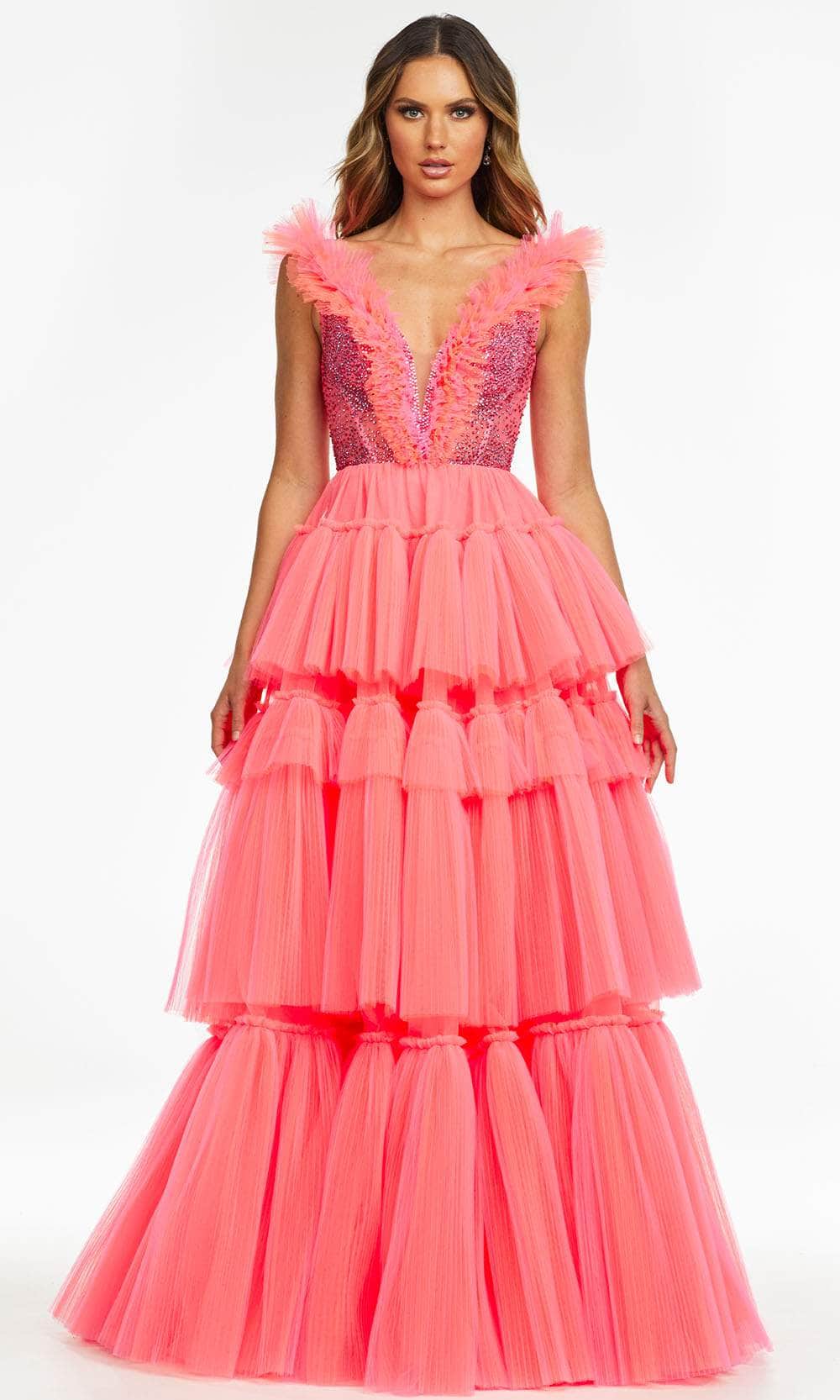 Ashley Lauren - Tiered Dress 11140 In Pink and Orange