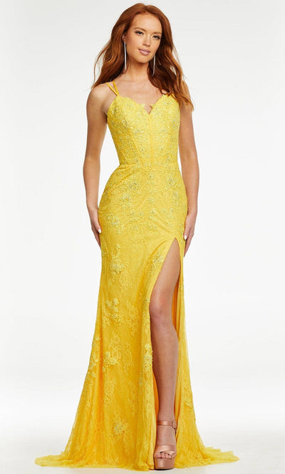 Ashley Lauren - 11145 Lace Applique Gown with Slit Prom Dresses 00 / Yellow