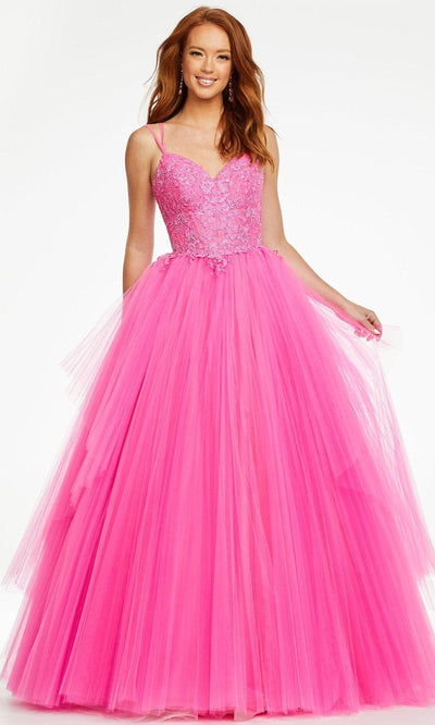 Ashley Lauren - 11146 Embroidered V-Neck Tulle Ballgown Prom Dresses 00 / Pink