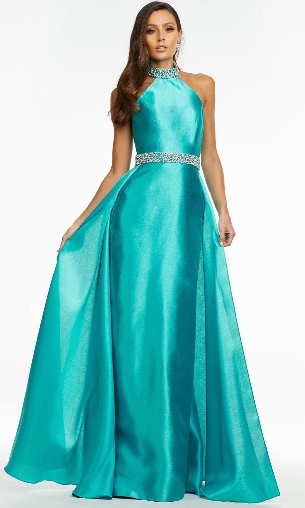 Ashley Lauren - 11148 Bejeweled High Halter Gown Prom Dresses 0 / Jade