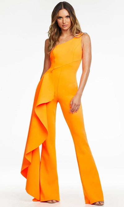 Ashley Lauren - 11152 Drape Cascade Jumpsuit Evening Dresses 0 / Neon Orange