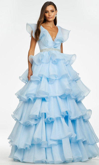 Ashley Lauren - 11154 Ruffle Ornate Ballgown Prom Dresses 0 / Sky