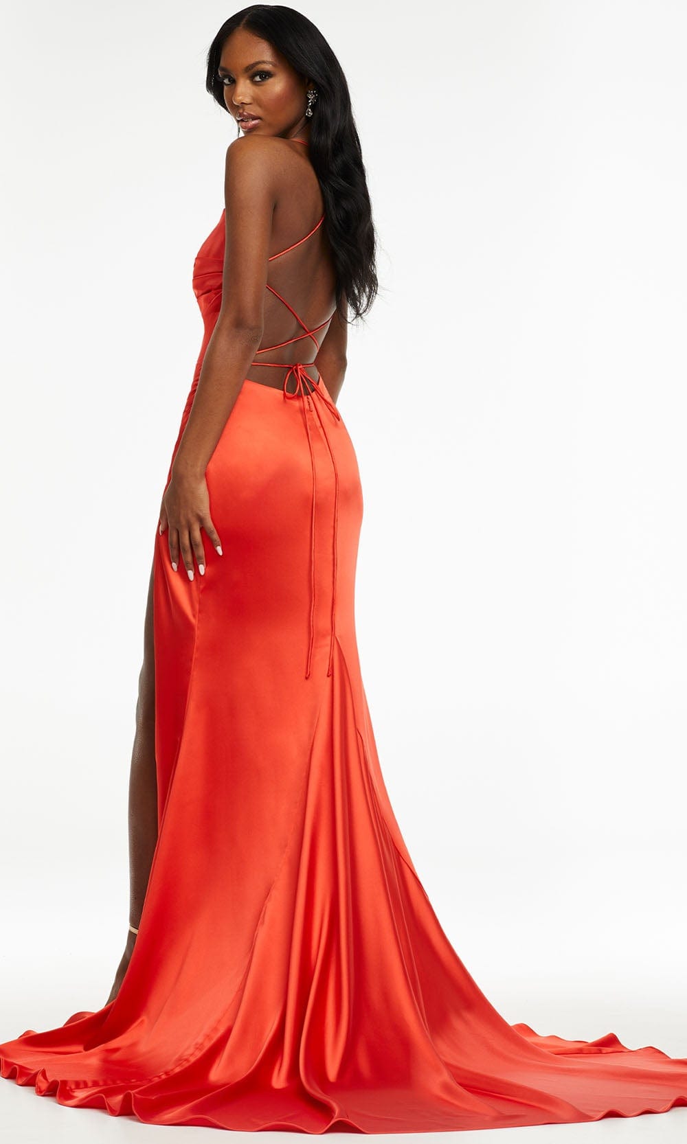 Ashley Lauren - 11162 Cowl Bodice Gown with Slit In Orange