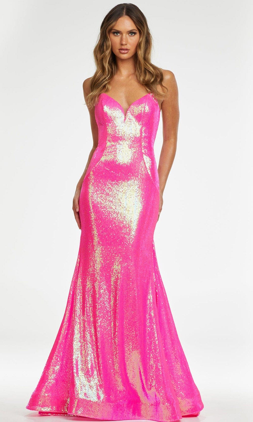 Ashley Lauren - 11163 Strapless V-Neck Sequin Gown Prom Dresses 0 / Neon Pink