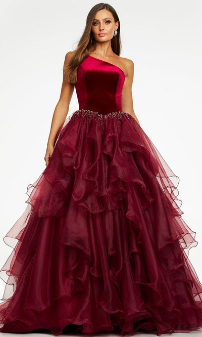 Ashley Lauren - 11165 Jeweled Organza Ballgown Prom Dresses 0 / Burgundy