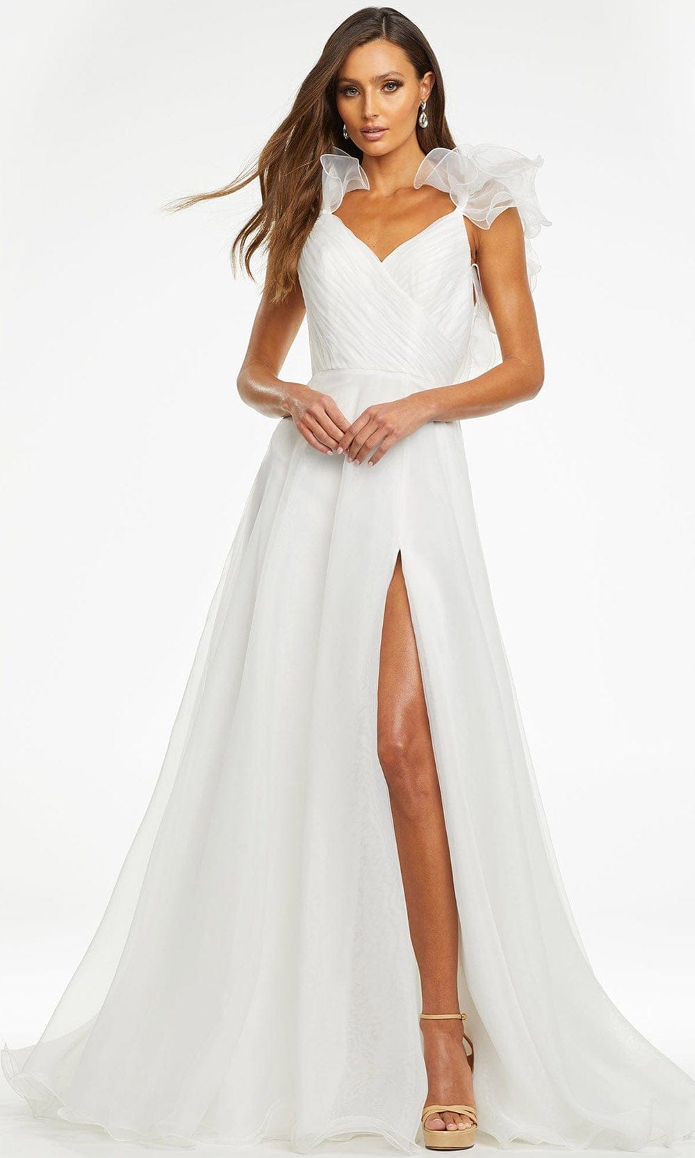 Ashley Lauren - 11166 Ruffled V-Neck A-Line Gown Prom Dresses 0 / Ivory