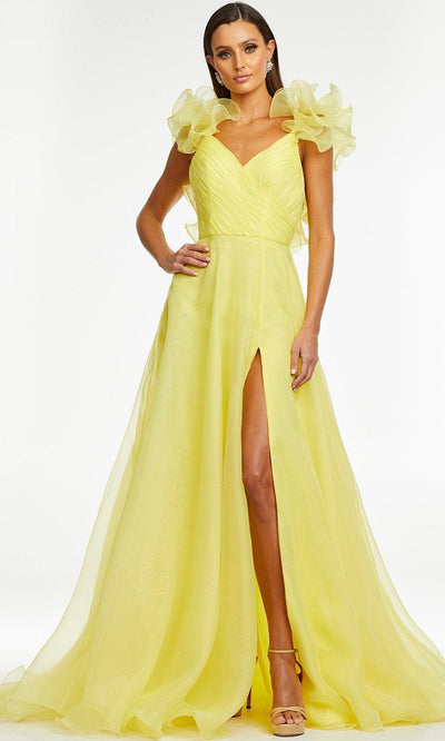 Ashley Lauren - 11166 Ruffled V-Neck A-Line Gown Prom Dresses 0 / Yellow